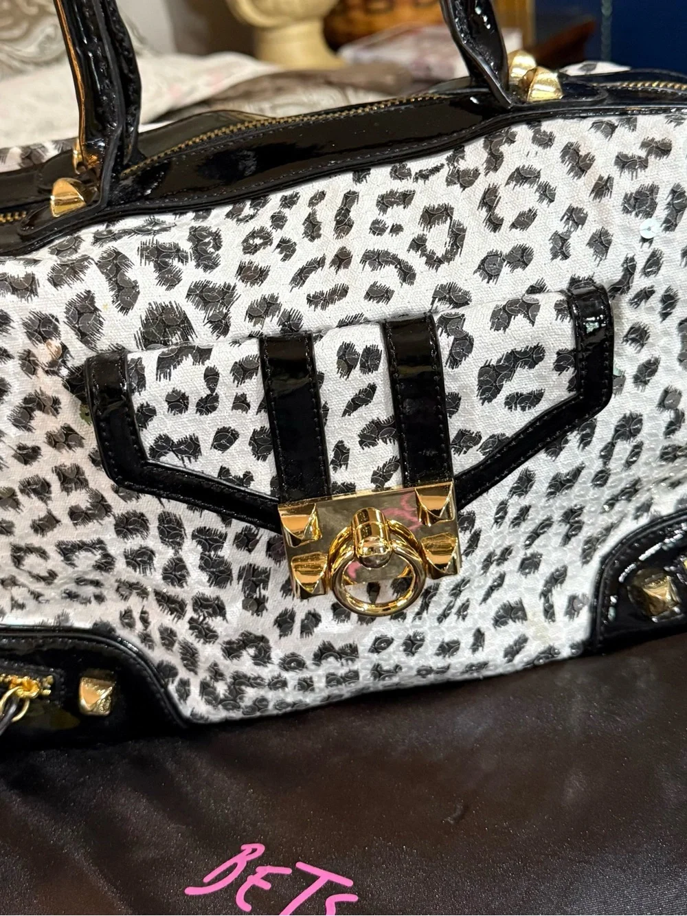 Betsey Johnson Black & White “Leopard Print Sequins” Satchel with Gold Hardwar